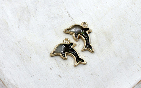Black Enamel Dolphin Charms, 22mm x 14mm, Gold Plated, Sold As 2 Pieces.
